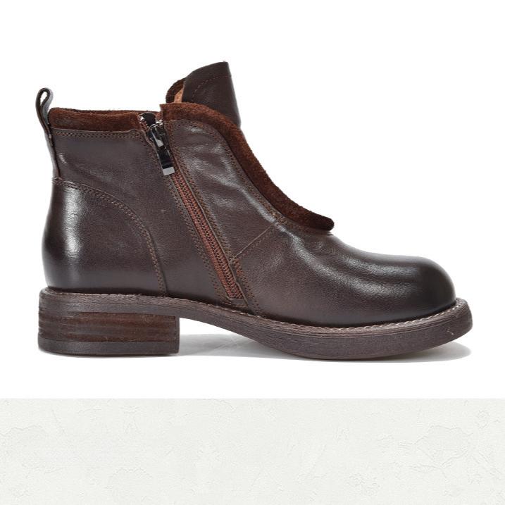 Johnature Винтажные короткие ботинки из натуральной кожи с круглым носком и боковой молнией, универсальная женская обувь