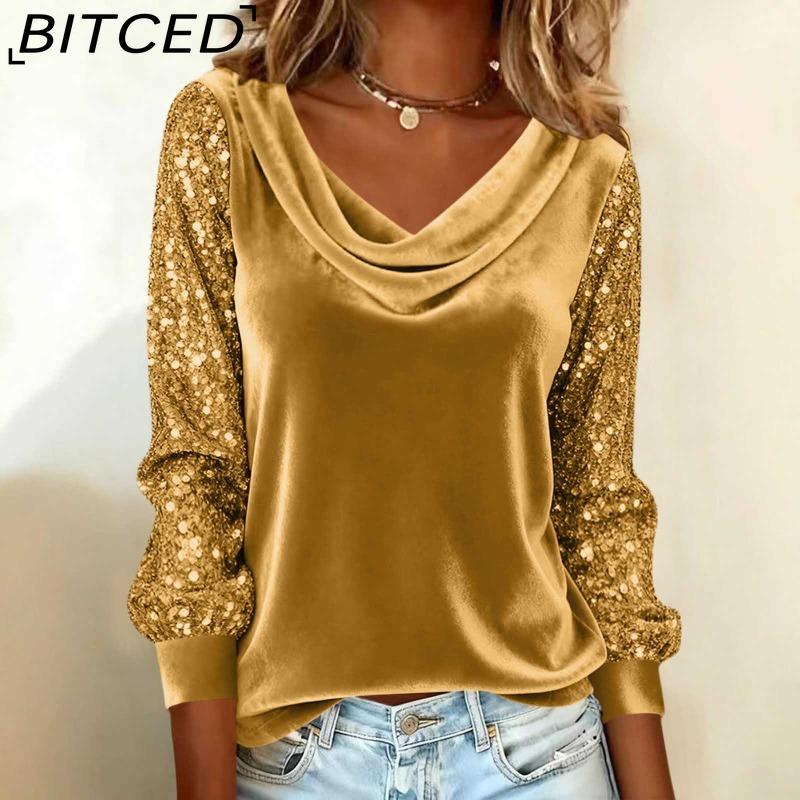 BITCED Модная женская бархатная футболка с пайетками, пэчворк, с длинным рукавом