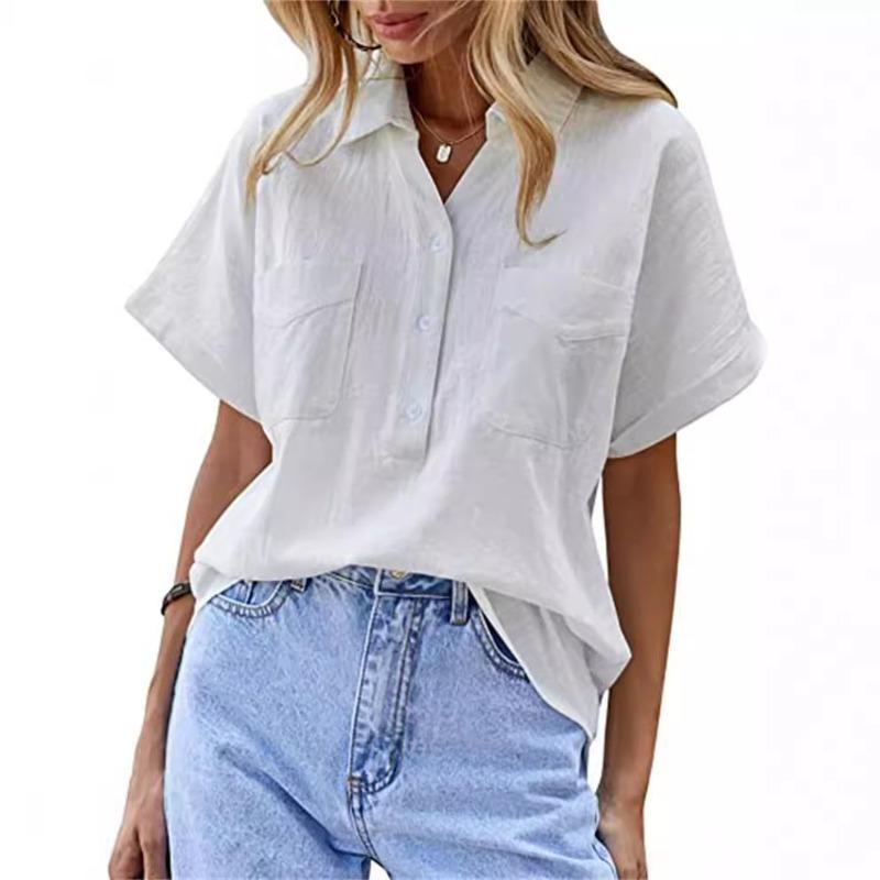 Женская однотонная рубашка-пуловер с короткими рукавами и двумя карманами, свободная рубашка из хлопка и льна, блузки и рубашки