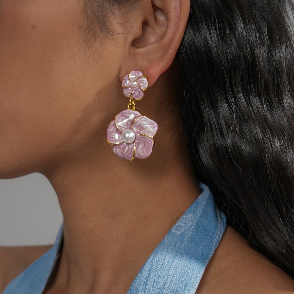 Purple Floral Dangle Earrings Pearl Ear Jewelry Elegant Camellia Flower Earrings Female