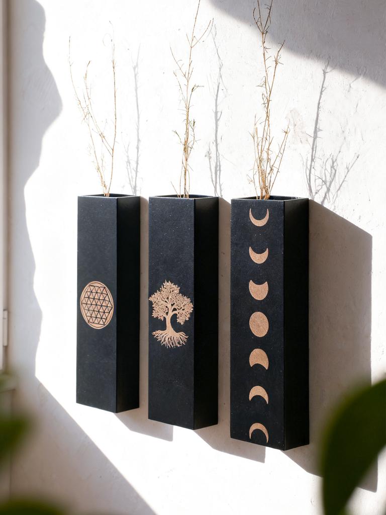 Boho Wall-Mounted Vase Black Wooden Planter with Moon Phase, Tree of Life & Flower of Life Design Home Decor Wall Hanging Gifts