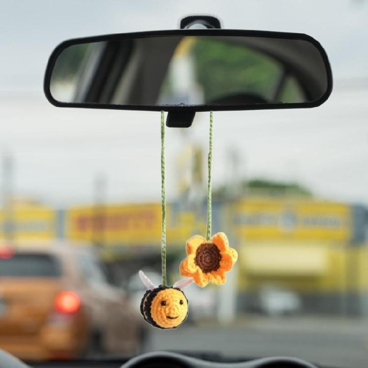 Automotive Charms Knitted Decors Crochet Bees Sunflower Pendant Car Rearview Hanging Ornament Gift for Friend