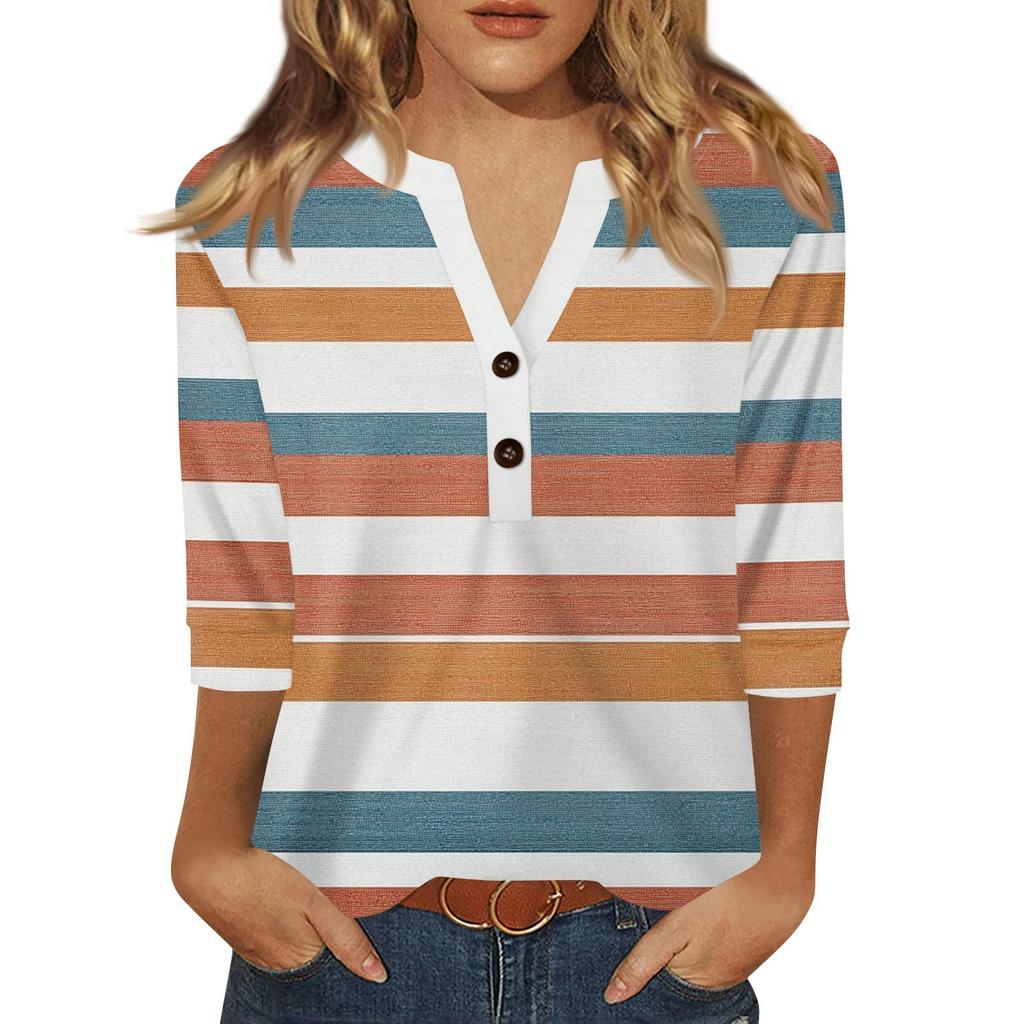 Women's T Shirt Print Button 3/4 Sleeve Daily Weekend Fashion Basic V- Neck Regular Top