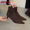 New Female Pointed Toe Modern Ladies Ankle Boots With Zippers Shoes Flock Women Short Boots Heels Shoes Pumps