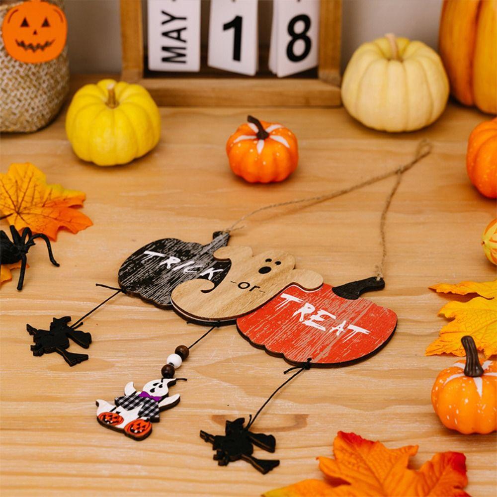 2pcs/set Colorful Halloween Wooden Pendants Witch Pumpkin Bat Ghost Wall Hanging  Halloween