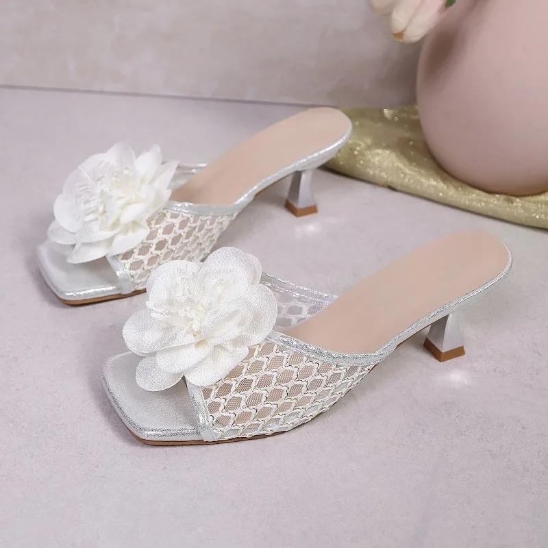 Цветочная сетка Женские туфли на высоком каблуке Шлепанцы Квадратный носок Туфли на каблуке Новые сандалии Дизайнерские 2025 Лето Сексуальные туфли-лодочки Женское платье Zapatillas