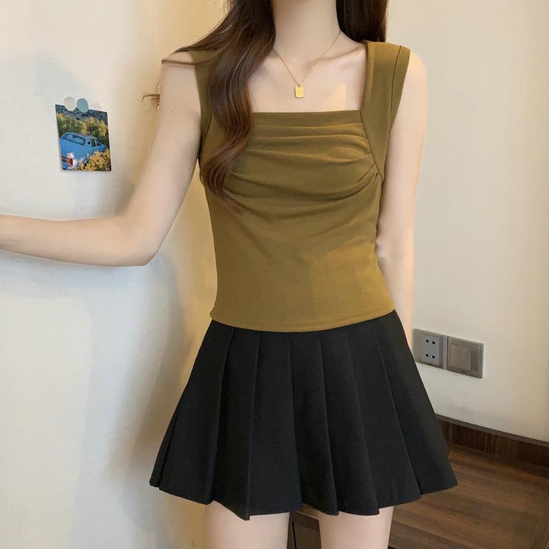 Модальный пикантный топ-майка с квадратным вырезом и сборками - Женский летний облегающий жилет