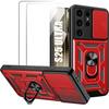 Case + 2 Tempered Glasses for Samsung Galaxy S25 Ultra - Rigid Shockproof with Ring Stand and Lens Protection - Red
