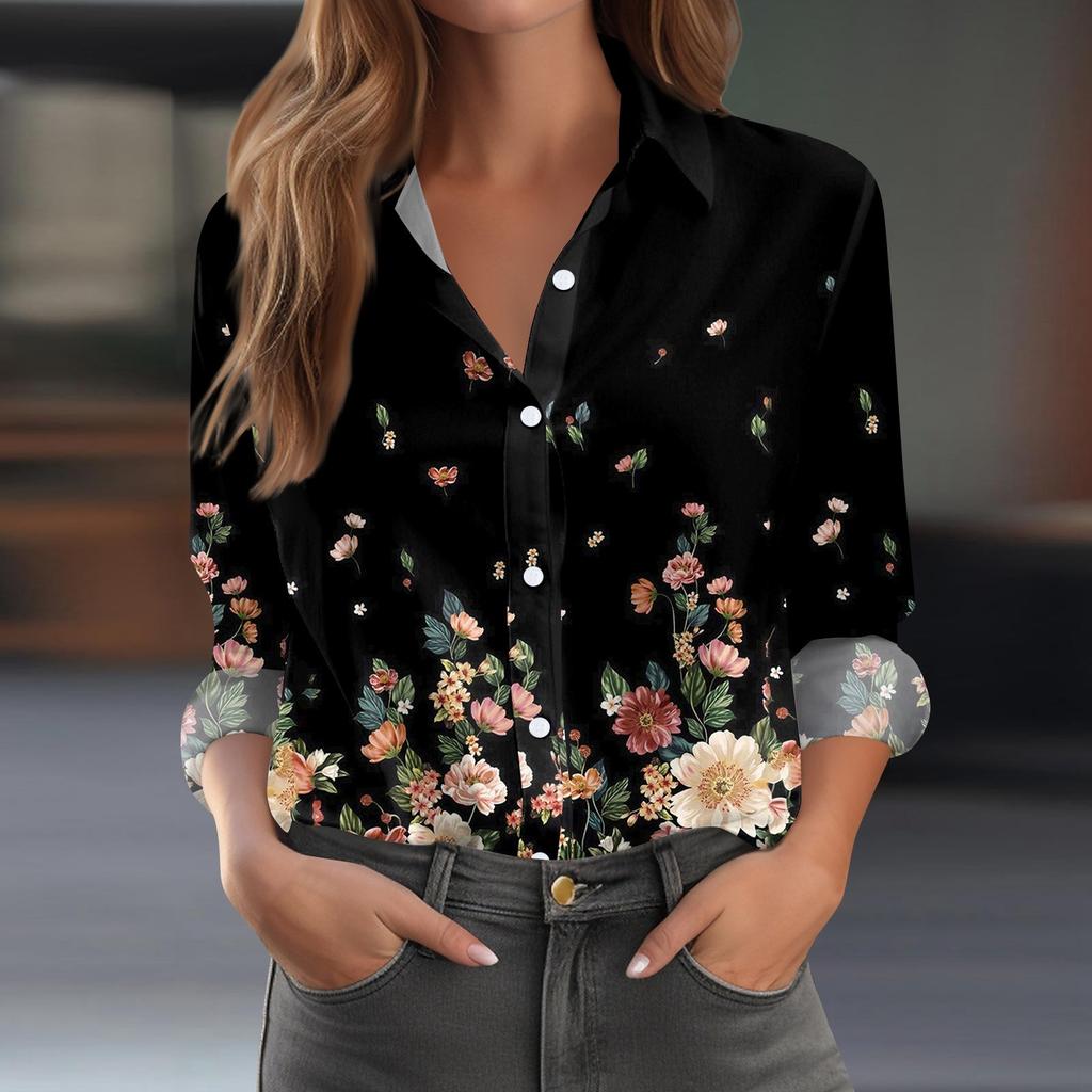 Женская рубашка-блузка с принтом и пуговицами, длинный рукав, повседневный базовый рубашечный воротник, обычный топ