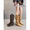 Leather Version Inner Heightening Boots Retro Pointed Thick Heel Heap Boots Female Western Cowboy Boots Slim Pleated Boots