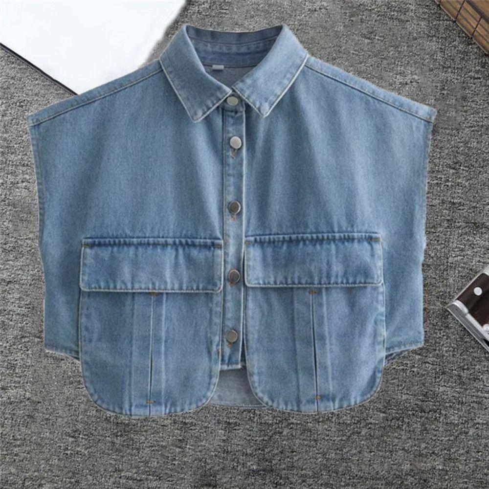 Patchwork Cropped Denim Shirt with Large Pocket Loose Denim Shirts  Commuting Tops