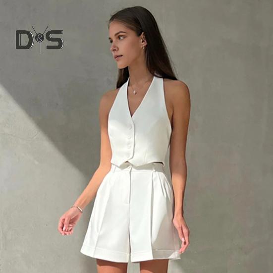 2 Pcs/Set Women Vest Shorts Suit Sleeveless Single-breasted Off Shoulder Halter Neck Button Solid Color Waistcoat High Waist Straight Knee Length