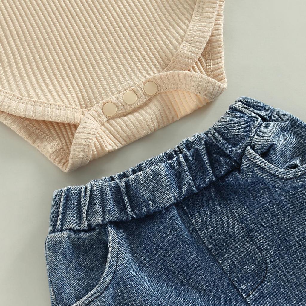 Детский брючный костюм для девочек, кружевной комбинезон с длинными рукавами и круглым вырезом + повседневные джинсовые брюки-клеш + повязка на голову