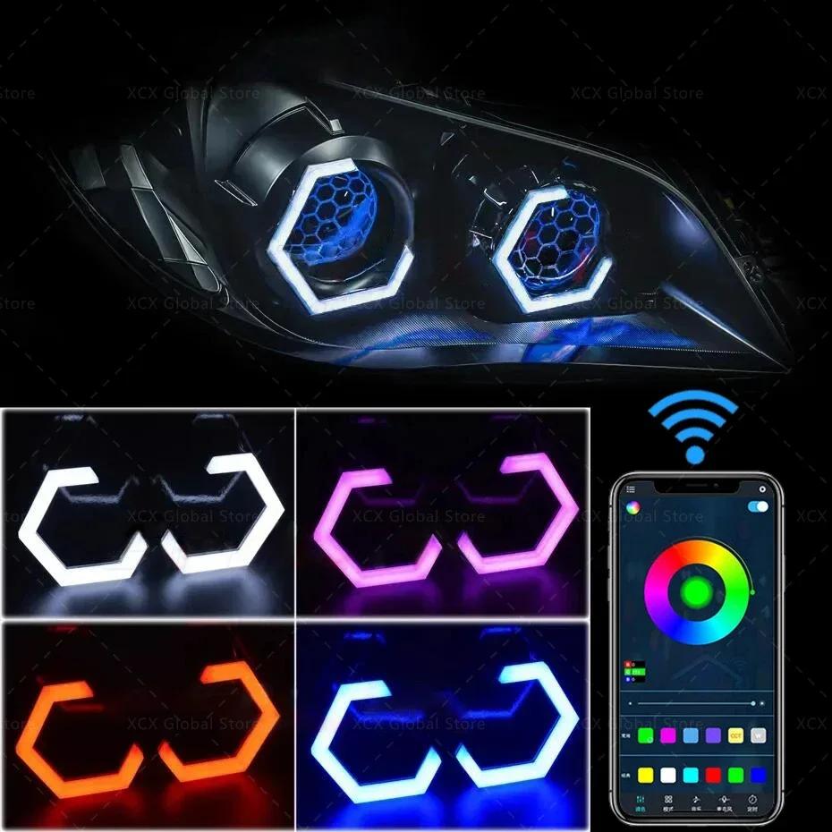 1Set 12V 24V RGB Hexagon Angel Eyes Halo Rings Retrofit Headlight Car Motorcycle Switchback White DRL+Amber Turn Signal Light