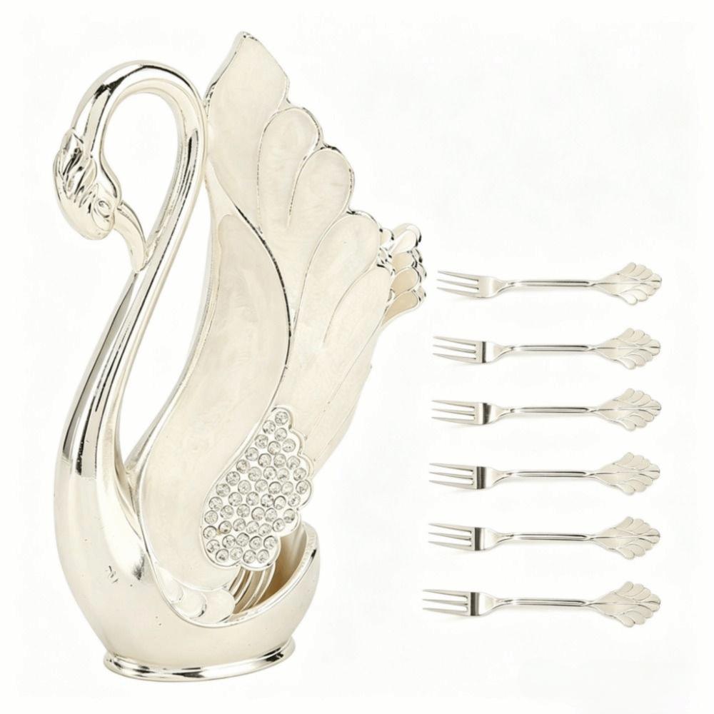 7pcs Modern Style Teaspoons Set Swan Shaped Party Bar Spoon Swan Utensil Holder Dessert Serving