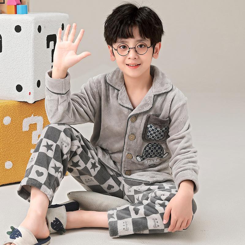 Kids Flannel Pajamas Set Boys Girls Warm Long Sleeve Top And Pants Sleepwear Winter Home Nightwear