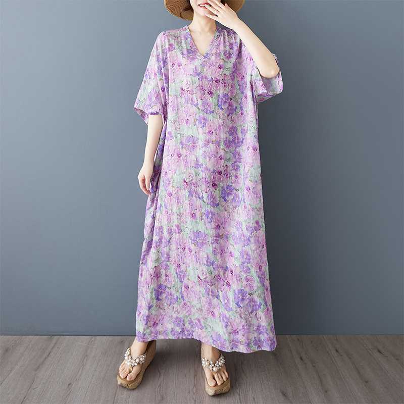 Летнее платье с цветочным принтом в стиле отпуска и V-образным вырезом в стиле ретро, длинное, чтобы скрыть тело, платье из хлопка и льна