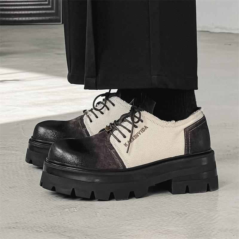 Premium Black Small Leather Shoes Loafers Platform Heightening British Style Single Shoes Lace-up Korean Version Versatile 30339-J