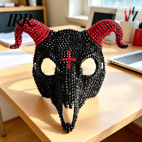 Lightweight Halloween Mask Goat Head Skull Mask, Horror Rhinestone Animal Scary Breathable Horned Devil Masquerade Cosplay Costume Party Prop