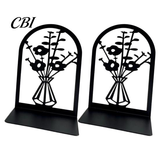 Metal Bookend 1 Pair Flower Bookends, Decorative Vase Book Ends for Shaped Shelves, Black Holder Stopper Home Office Reading Room Desktop