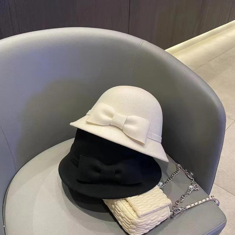 Qianjin Xiaoxiangfeng bow white bowler hat women's autumn and winter French high-end foreign gas bucket hat shows small face