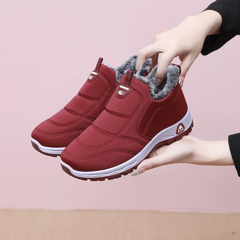 Зимние утепленные флисовой подкладкой кожаные нескользящие теплые хлопковые туфли для женщин в стиле Старого Пекина, удобные туфли на плоской подошве