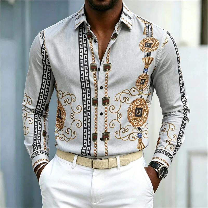 Luxury Ornate Patterned Long Sleeve Shirt, Stylish Formal-Casual Wear For Men