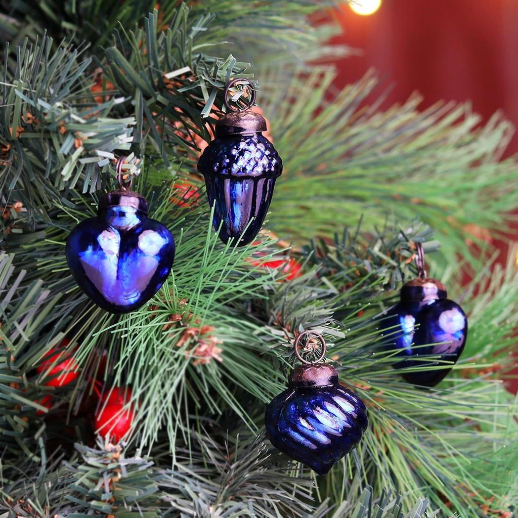 25 Pieces Blue Glass Vintage Christmas Ornaments Mini Bulk Decorative Ornaments X Mas Balls for Halloween, Christmas Tree