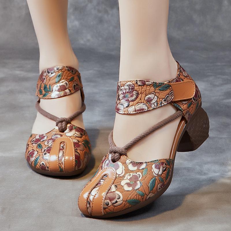 Туфли-лодочки с ретро-принтом, женская модная обувь на высоком каблуке, винтажные цветочные туфли с круглым носком