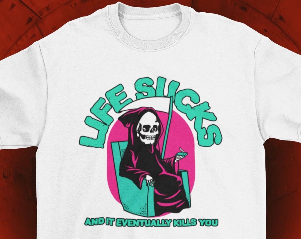 Funny Grim Reaper T-Shirt: Life Sucks, Dark Art Cotton Tee