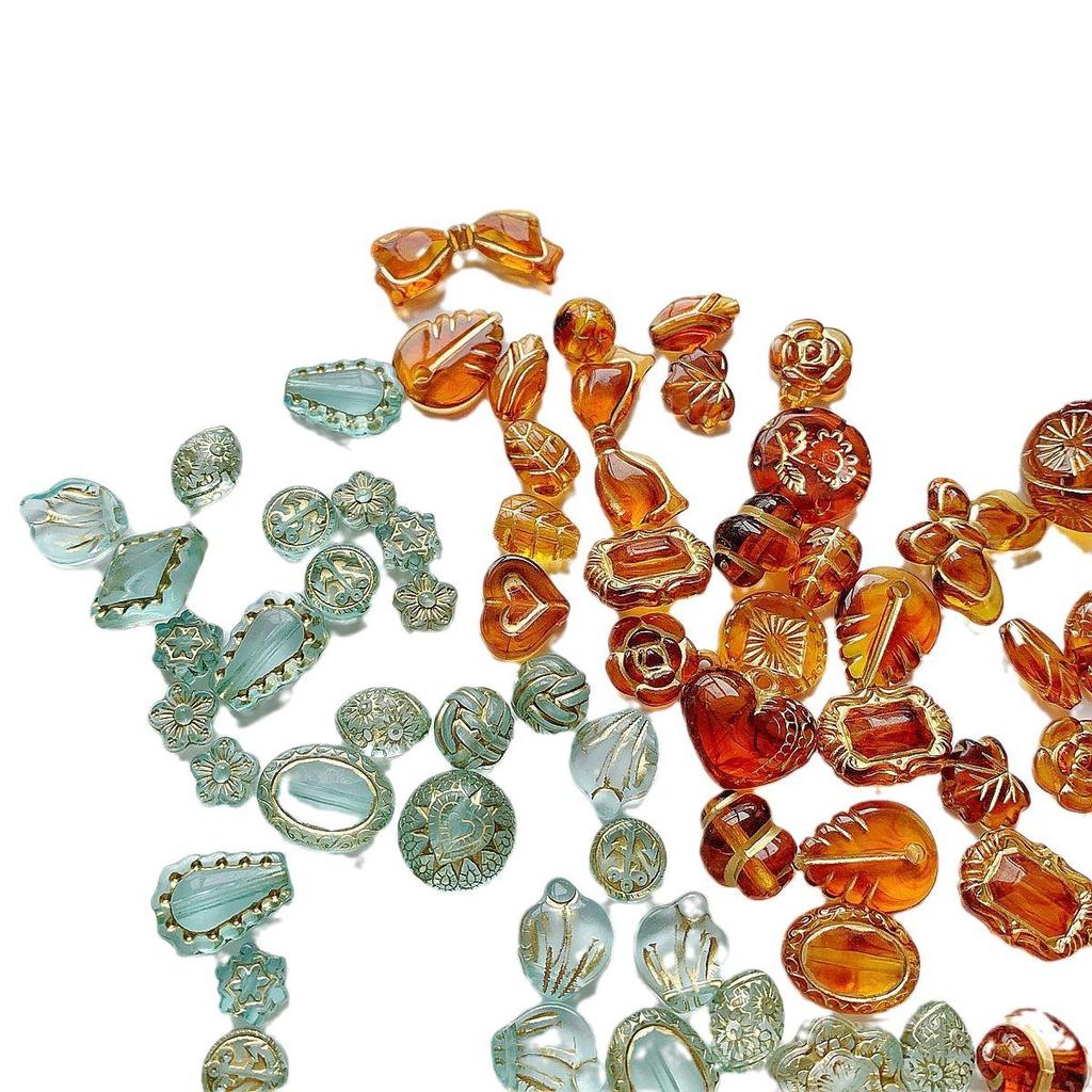 50g Mixed Vintage Gilt Czech Acrylic Beads: Amber, Powder Blue, Butterfly, Heart for DIY Beading