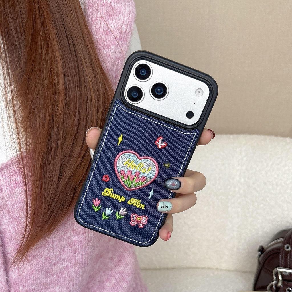 Корейский вышитый чехол из денима с сердцем и цветком для iPhone 14-17 Pro Max