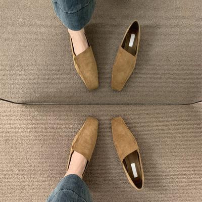 Туфли-лоферы из замши с квадратной головкой и глубоким вырезом на плоской подошве, весна-осень 2024 года, новые простые и универсальные туфли для поездок на работу, небольшие кожаные туфли