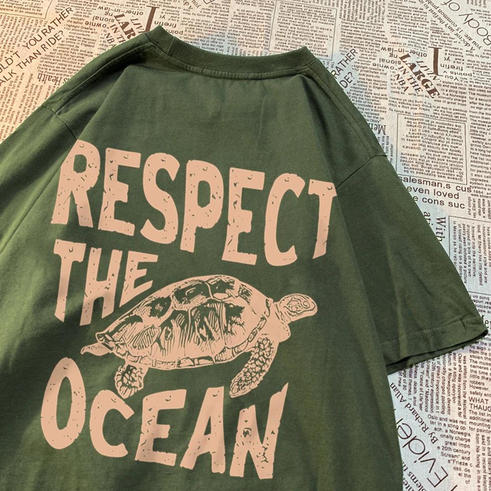 Футболка Respect The Ocean Green Turtle для мужчин, свободная одежда, дышащая футболка с коротким рукавом в стиле хип-хоп, летняя хлопковая футболка Harajuku