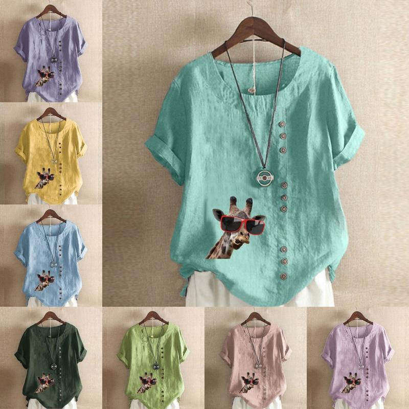 Women's Fashion Giraffe Prined Short Sleeve T-shirt Loose Cotton Shirt Casual Loose Summer Blouse Tops Plus Size