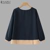 ZANZEA Женские осенние блузки с круглым вырезом и длинными рукавами в стиле колор-блок