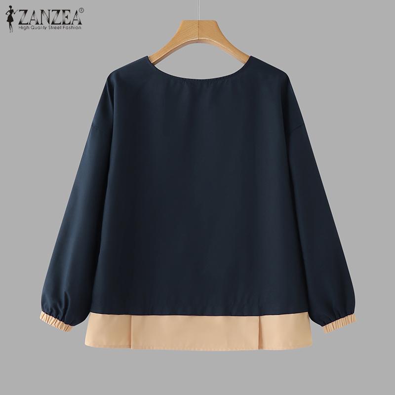 ZANZEA Женские осенние блузки с круглым вырезом и длинными рукавами в стиле колор-блок