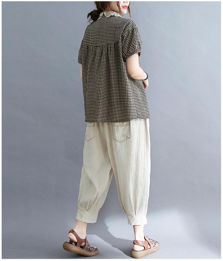 2021 Лето Большой размер Пэчворк Женская Хлопково-льняная Клетчатая Блузка с воротником Питер Пэн Приталенная С коротким рукавом