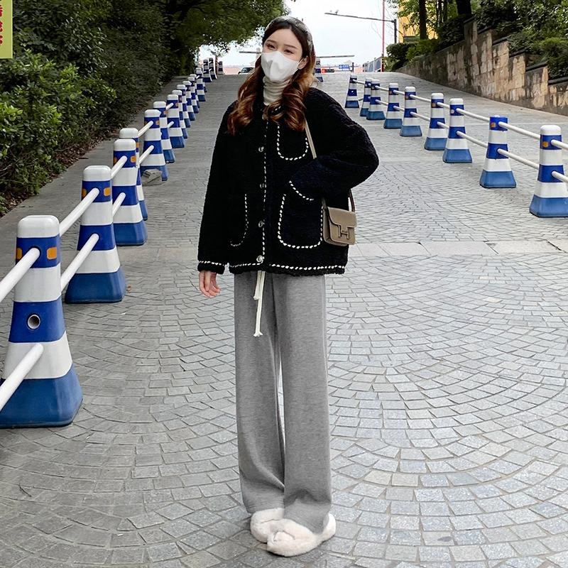 Autumn Winter Women Thickened Wide-leg Pants Fashion Casual High-waisted Drawstring Long Pants Plus Size Solid Color Straight Trousers 2345