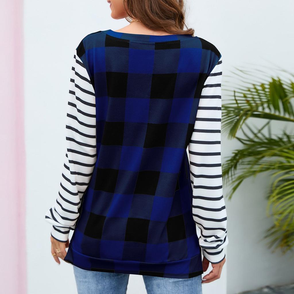 Женская модная повседневная клетчатая плюшевая футболка с круглым вырезом и длинным рукавом