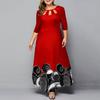 Women O-neck 3/4 Sleeve Maxi Dress Hollow Out Printing Loose Hem High Waist A-Line Gown Long Dress