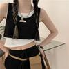 Girls Black White Patchwork Vest Casual T-shirts Sleeveless For Women's Tees Round Neck Tank Tops