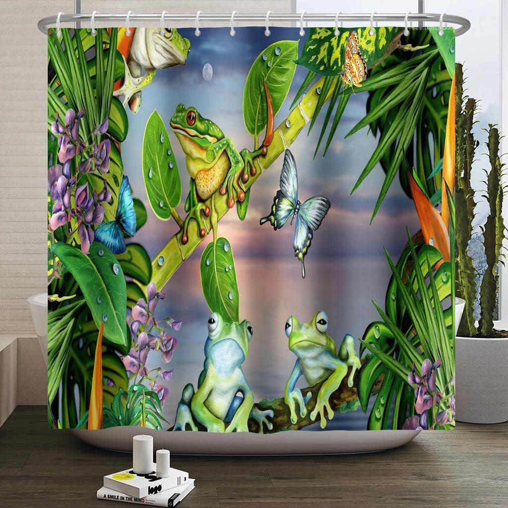Funny Frog Shower Curtain for Bathroom Mushroom Butterfly Floral Green Plant Cartoon Animal Waterproof Polyester Shower Curtain