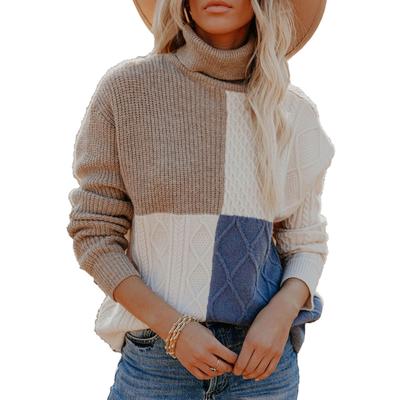 Женская водолазка с цветным блоком, высоким воротником, длинным рукавом, свободным подолом, трикотажная женская водолазка