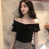 Women's Slash Neck Solid Short Sleeve Slim Ruffles T-Shirt