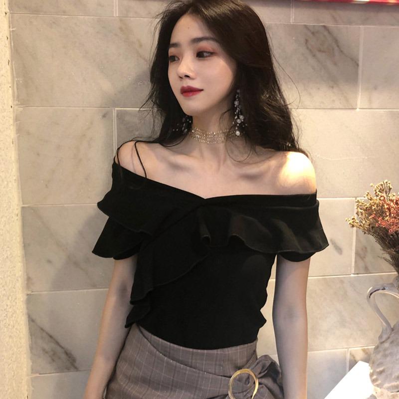 Women's Slash Neck Solid Short Sleeve Slim Ruffles T-Shirt