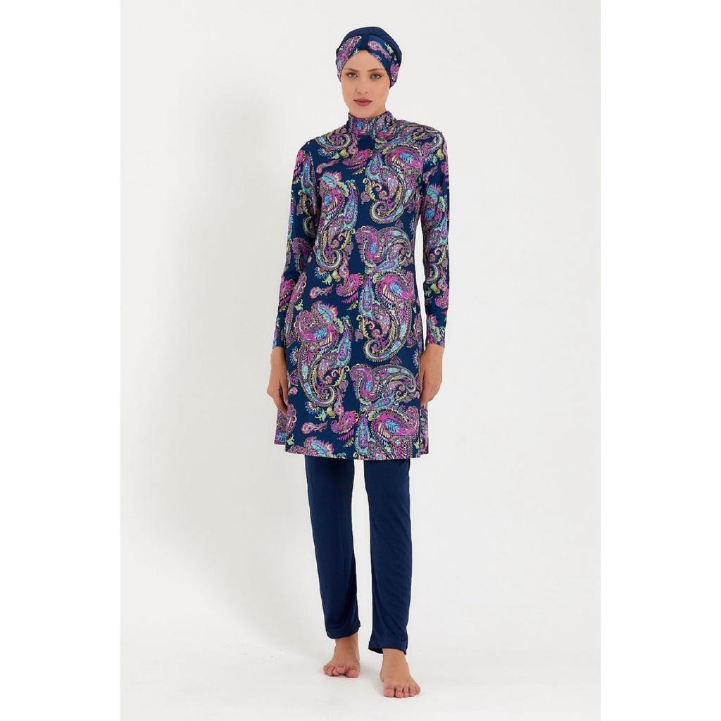 Женский полностью закрытый купальник-хиджаб из лайкры с узором темно-синего цвета