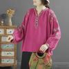 Women's Retro Embroidered V-Neck Cotton & Linen Shirt - Ethnic Style, Loose Fit, All-Match for Spring & Autumn