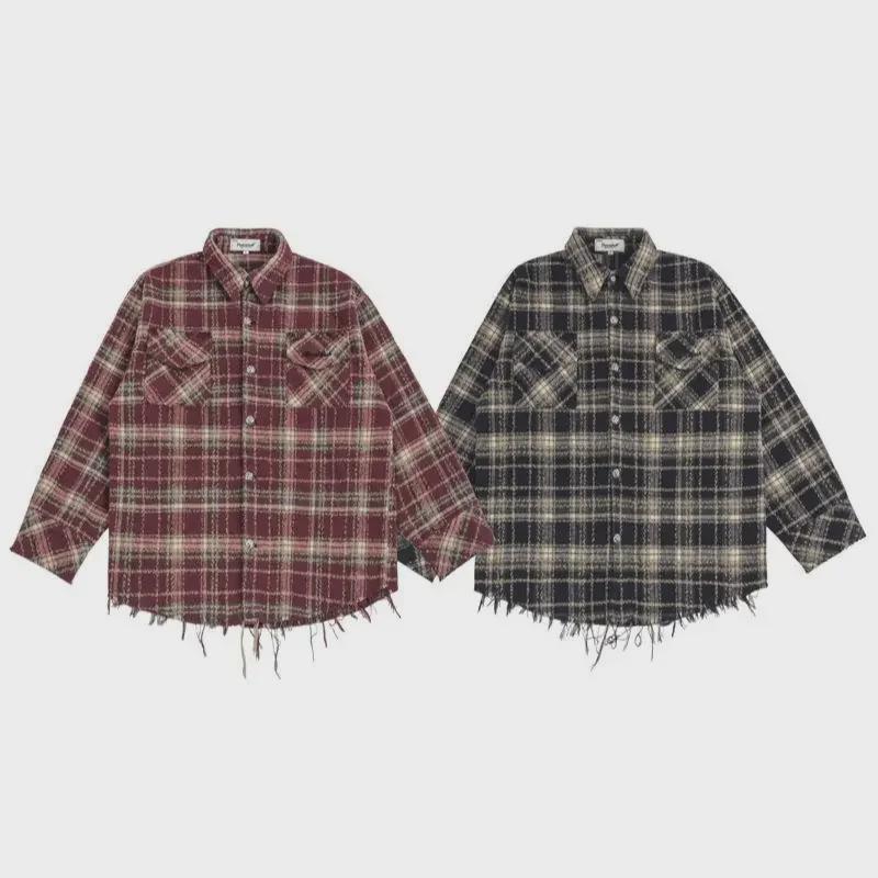 Мужская модная красная клетчатая куртка-рубашка с необработанным краем - в стиле американского ретро-хип-хопа со свободным кроем и карманом