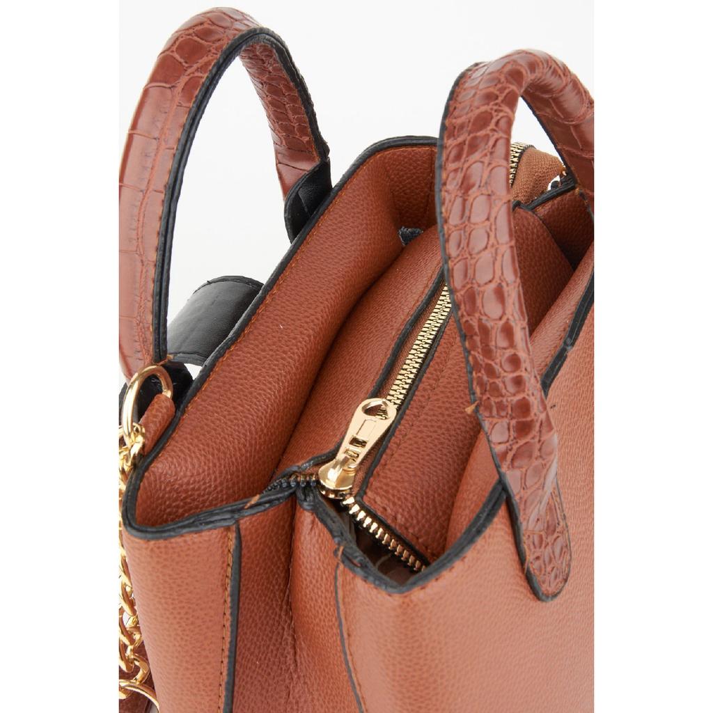 Women's Black Faux Leather Croco Patterned Strap Snap Fastener Zipper Closure Hand And Shoulder Bag